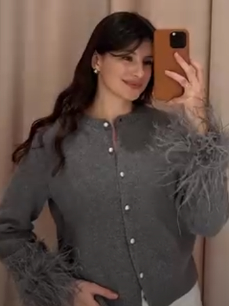 Elegant A-Line Patchwork Short Cardigan Women Trendy Round Neck Feather Full Sleeve Top 2026 New Spring Lady Daily Casual Wear