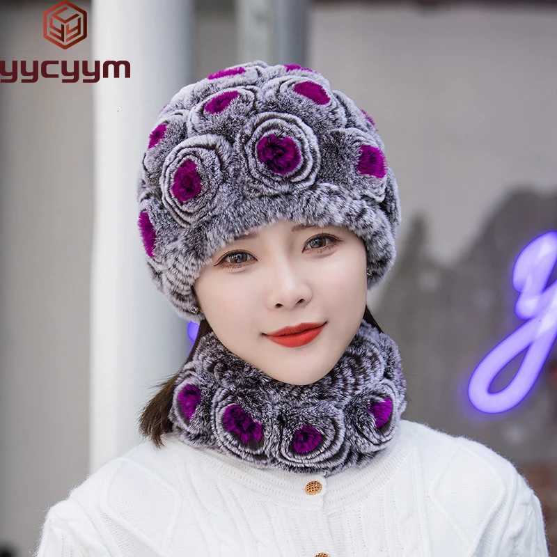 Beanie/Skull Caps Winter Knitted 100% Natural Fur Hats Scarves Sets Women Warm Real Rex Rabbit Fur Hat Scarf Lady Fashiom Thick Rex Rabbit Fur Hat Q