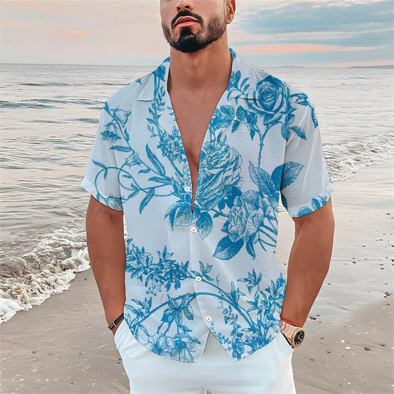 2026 Summer European And American 3D Digital Short Sleeve Floral Leaf Print Turn-Down Collar Men's Shirt Free Shipping