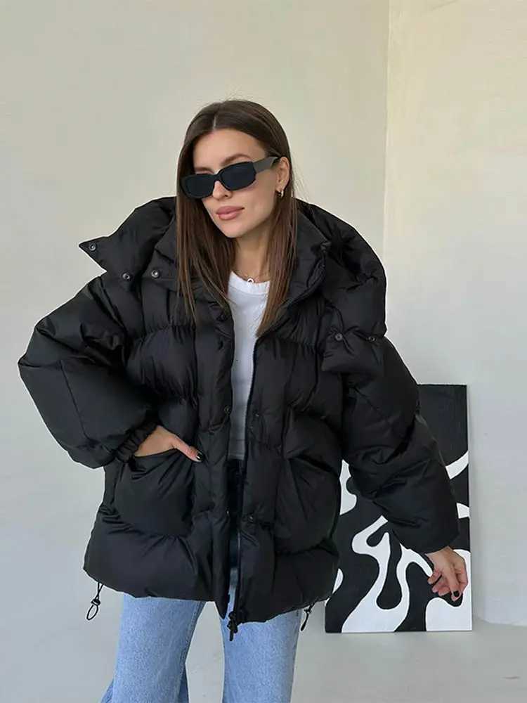 Women's Down Parkas Casual Hooded Puffer Jackets Women's Detachable Hood Full Sleeve Pocket Zipper Loose Coats 2025 Winter Lady Padding Ou