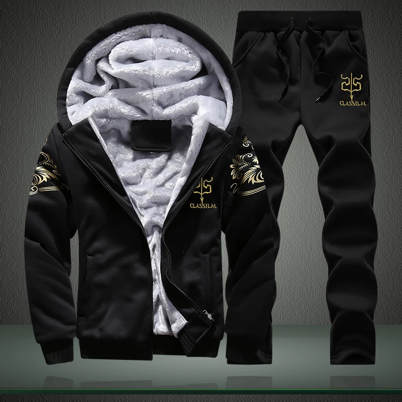 Men Thick Fleece Lined Tracksuit Set Golden Pattern Print Hoodie Jacket Sweatpants 2 Piece Winter Warm Sports Suit 261016