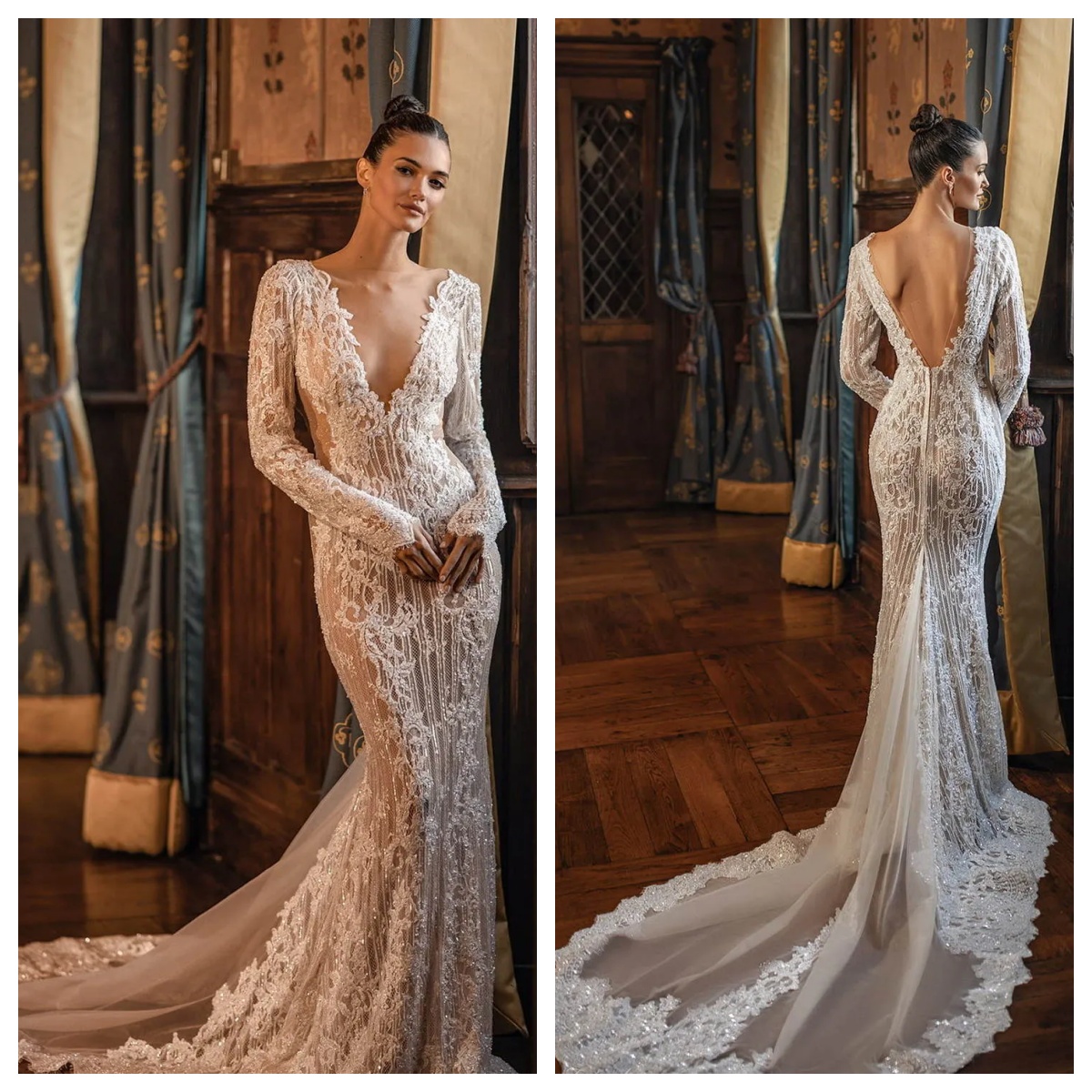 Light Champagne Mermaid Wedding Dresses Formal Bridal Dress Deep V Neck Illusion Sequined Lace Appliques Crystal Beads White Ivory Sweep Train Open