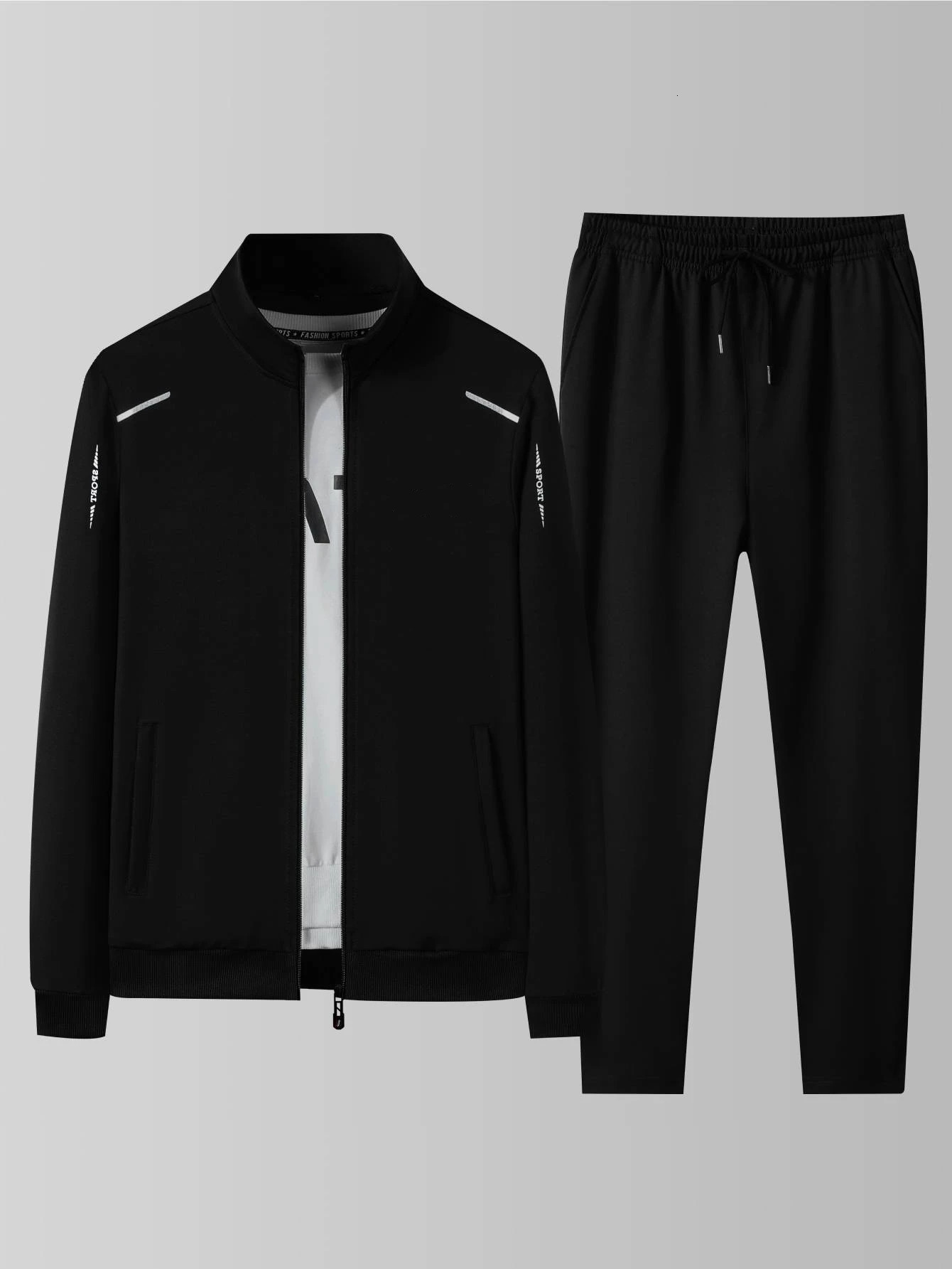 Mens Casual Sportswear Set Spring and Autumn StandUp Collar Open Jacket Elastic Waist Pants TwoPiece Fashionable Runn 261017
