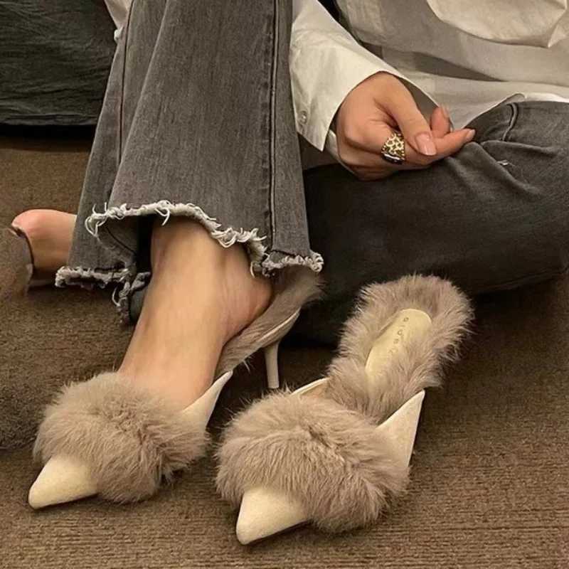 Women's Autumn and Winter Outer Wear Pointed Toe 2026 New Fur Half Slippers French Fur Heels Q261015