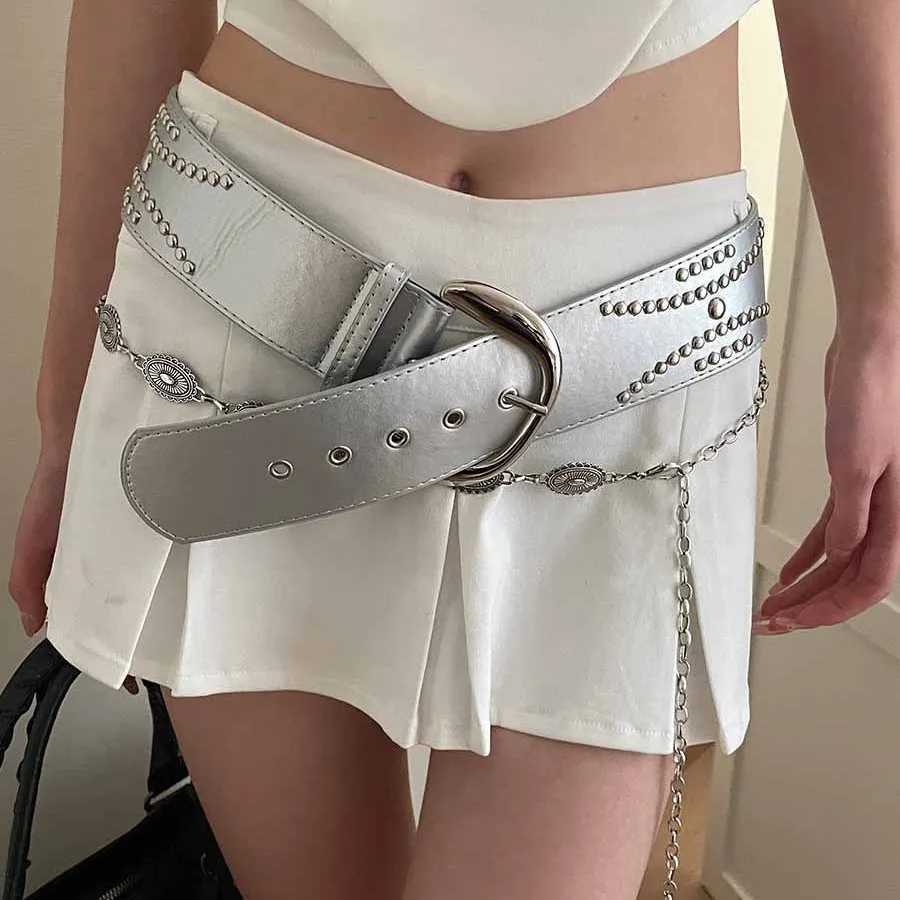 Belt New Version Rivet Wide for Women's Fashionable Silver Rock Glossy Metal Buckle Retro Wide-Edged Belt M261016