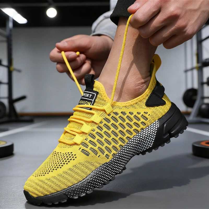 Casual Shoes Men's Trendy Yellow Knit Sneakers 2025 Breathable Mesh Comfort Casual Sports Shoes Non-Slip Sole Lightweight Running Trainers H261