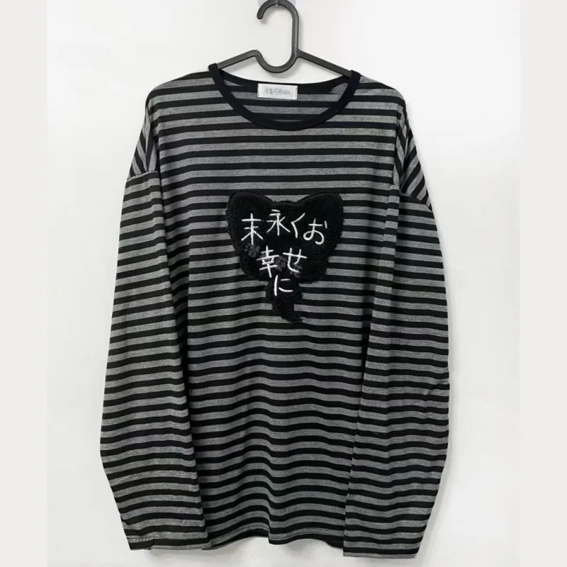 American Punk Vintage O Neck Long Sleeve Shirts All-Match Striped n Harajuku Embroidery Tops Y2k Aesthetic High Street Tees 261015