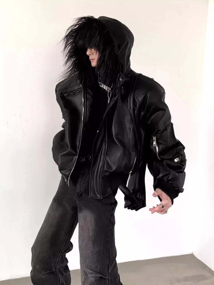 Mauroicardi Spring Autumn Cool Short Oversized Black Warm Pu Leather Jacket Men with Faux Fur Trim Hood y ner Clothes 261014