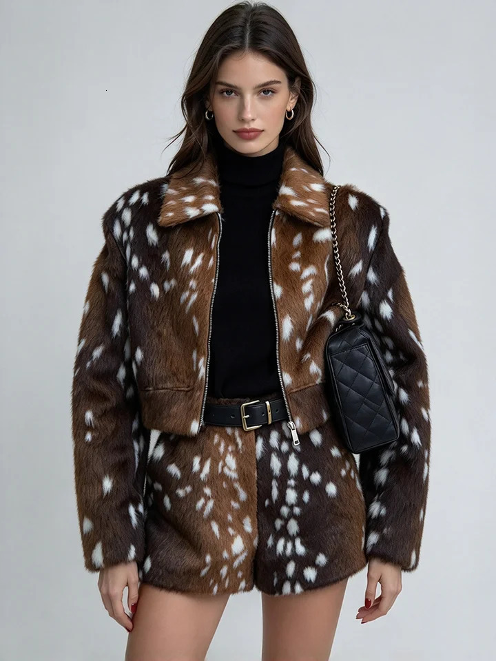 LIMO Women Deer Print Faux Fur 2 Piece Set Lapel Zipper Jacket Shorts Winter Outfit 261016