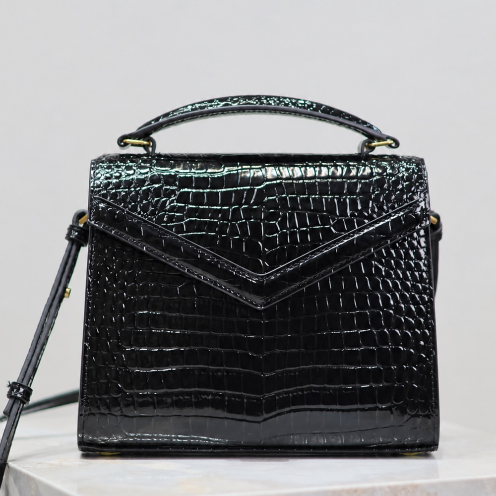 Structured Top Handle Satchel Bag Croc Embossed Leather Flap Turn Lock Crossbody Elegant Work Style Top-Tier Designer Bag