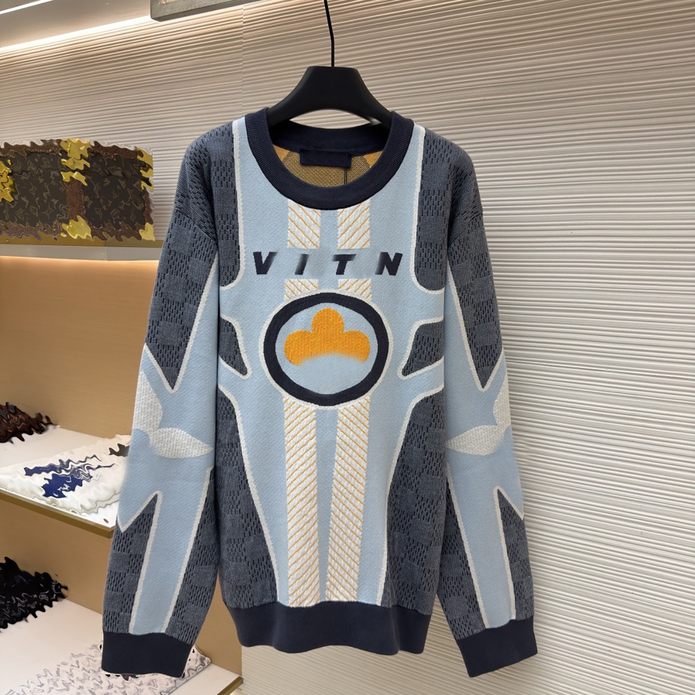 Designer branded high-quality men's contrasting jacquard sweaters, colorful floral round neck pullover sweaters, loose casual knitwear