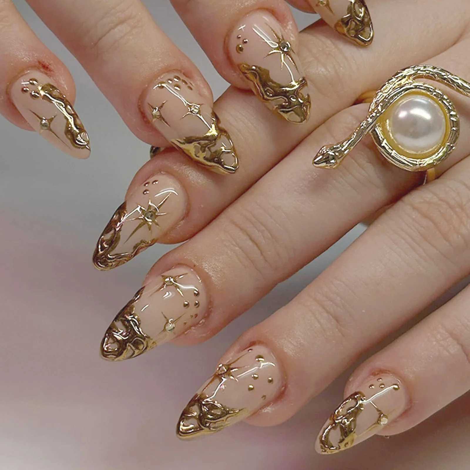 False Nails 24pcs Almond Press on Nails 3D Gold Star Metal French False Nails Full Cover Nail Tips Handmade Glamorous Nail Art For Women Q261017