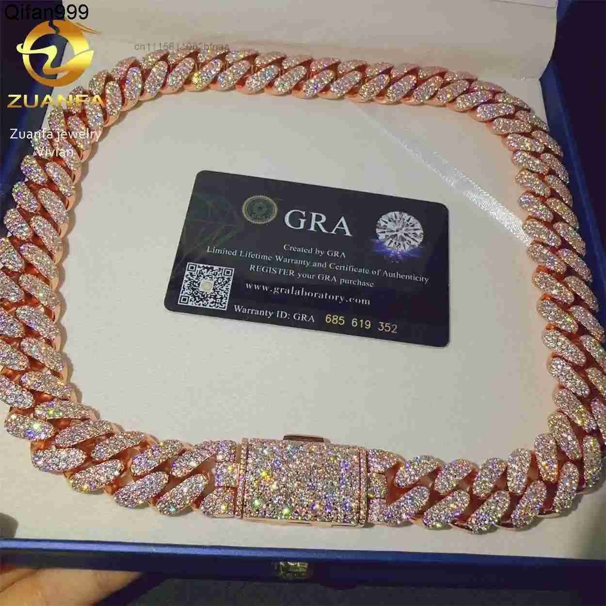 Luxury 15MM Hip Hop Jewelry Sterling Silver 925 Vvs Moissanite Diamond Cuban Link Chain Cuban Link Chain Moissanite Necklace