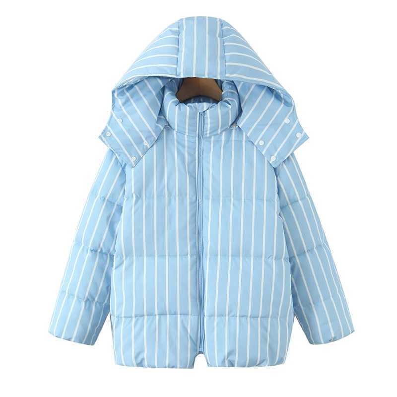 Women's Down Parkas With a detachable hood and front zipper light blue and brown vertical stripes warm coat suitable Women's striped down
