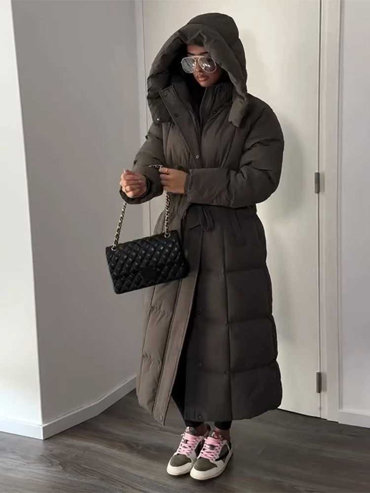 Women's Down Parkas Hooded Lace up Long Jacket Woman Solid Color Zipper Long Sleeve Loose Coats Versatile Warm Minimalist Women's New Wint