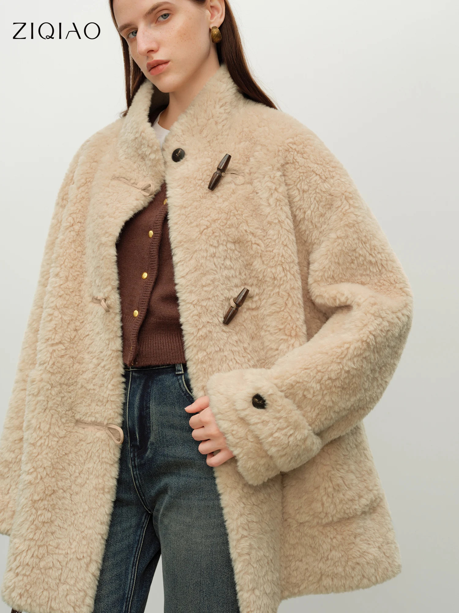 ZIQIAO Winter Womens Short Horn Button Plush Faux Fur Coat Teddy Sherpa Jacket Cropped EcoFriendly Vegan Leather Look 261016