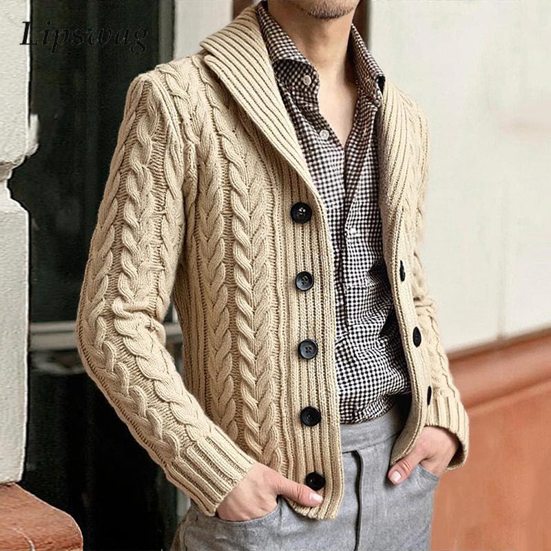 Vintage Single-Breasted Lapel Sweatercoats Mens Fall Winter Casual Twist Textured Knit Cardigans Men Stylish Slim Sweater Jacket