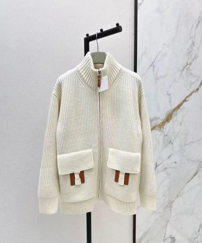 Luxury designer womens cardigan sweatshirt autumn and winter high neck solid color knitted sweater H-shaped pocket trendy casual stand up collar top