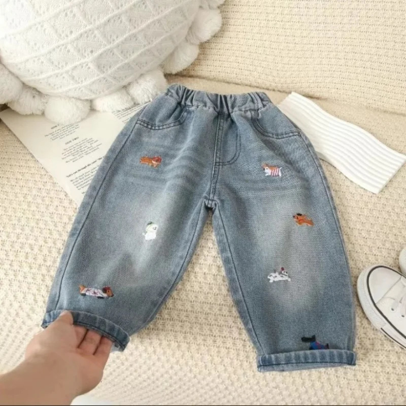 2025 Autumn Kids Pants Cartoon Embroidery Boys Loose Jeans Soft Casual Denim Trousers Children Outwear Girls Pants For 2-7 Years261016