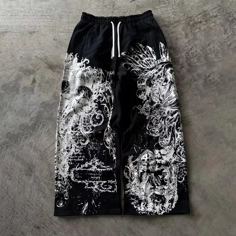 Summer Gothic Skull Vintage Graffiti Full Print Wide Leg Pants Unisex Drawstring Y2K Hip Hop Streetwear Casual Trousers 261013