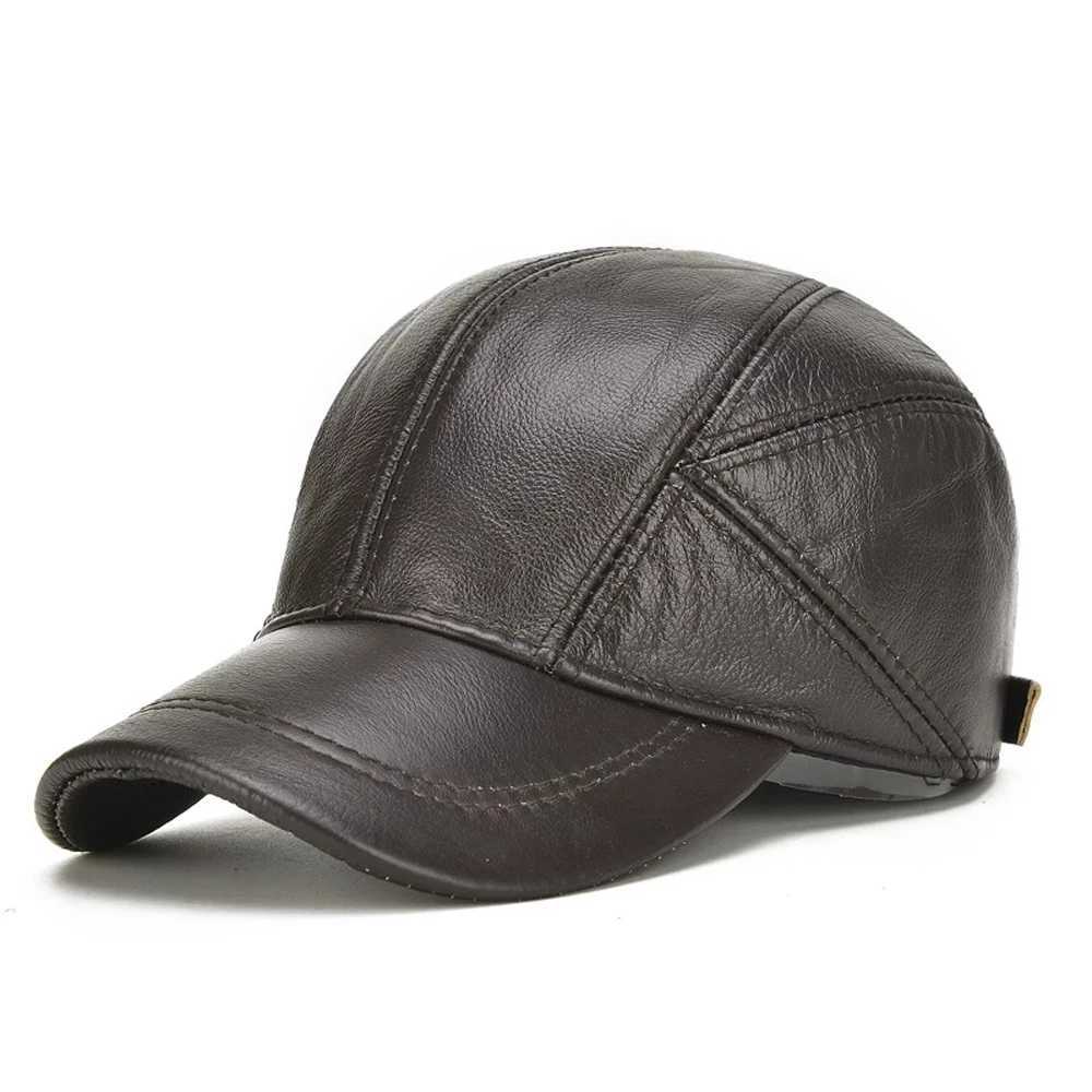 Casual Hot Real Sale Leather Earflap Cap Men's Real Cowhide Leather Caps Male Fall Winter Genuine Real Cow Leather Baseball Hats M261016