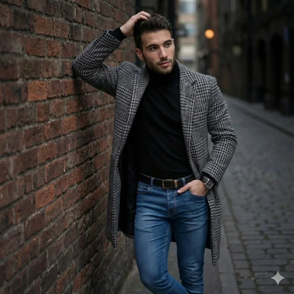 Mens Single Breasted Woolen Blend Trench Coat Stripes Long Warm Windproof Jacket for Autumn Classic Solid Color Outerwear 261017