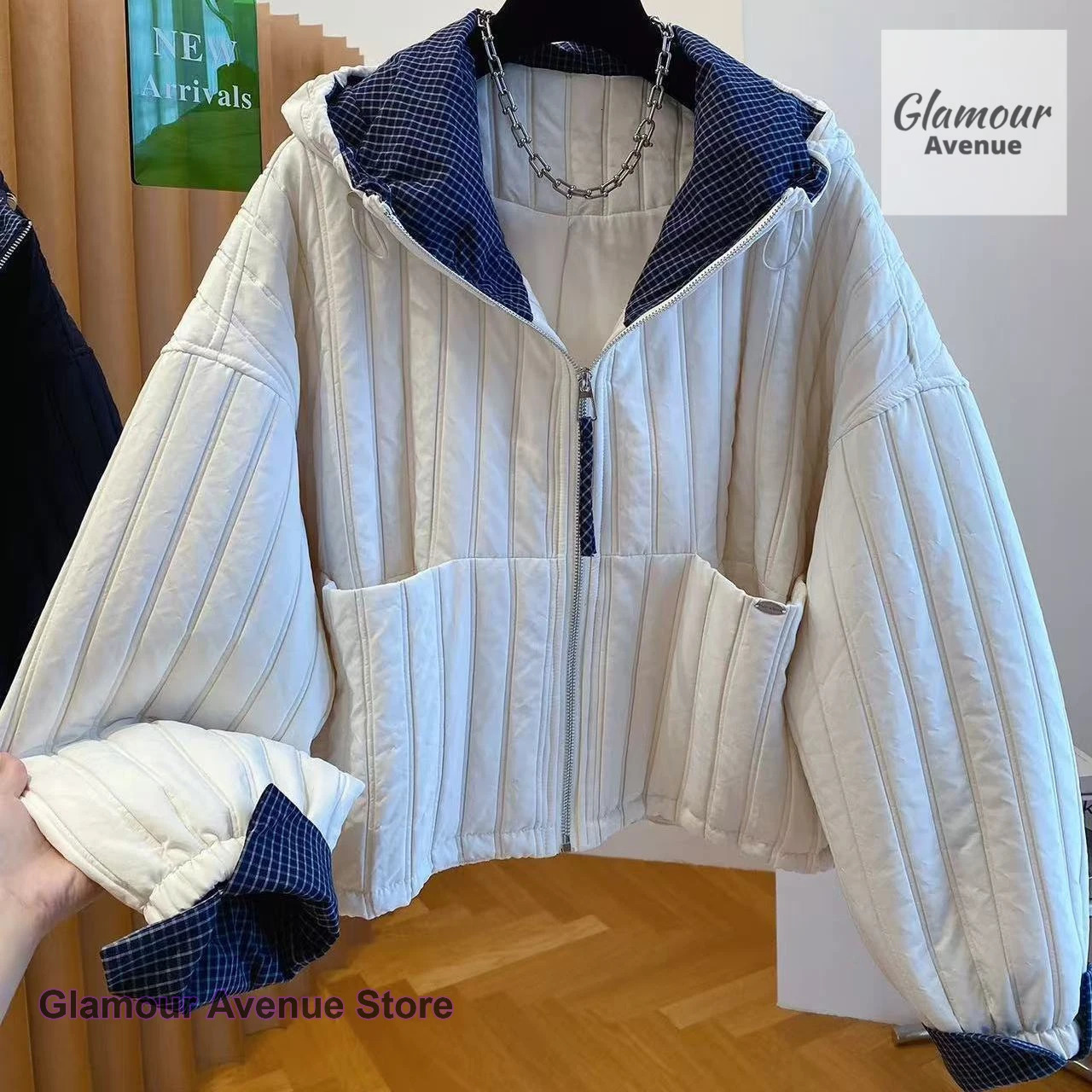 Korean Style Fashion Hooded Cotton Jacket Women's Autumn and Winter Splicing Plaid Casual Joker Light Cotton-Padded Jacket 261015