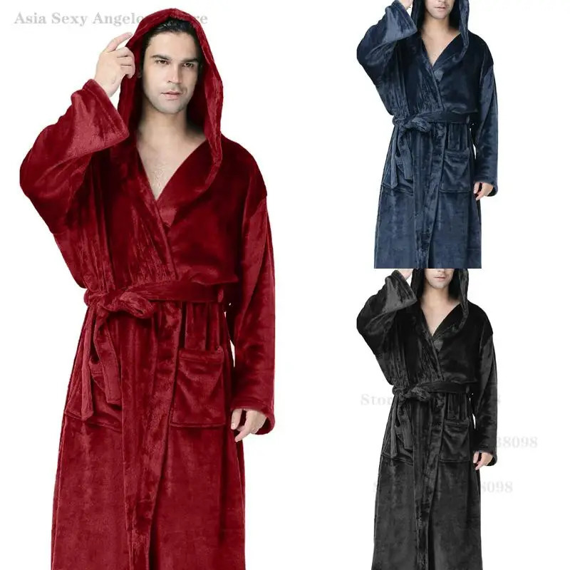 Thickened Coral Fleece Long Robe Sleepwear Plus Size 5XL Flannel Men Home Clothes Loungewear Winter Hooded Bathrobe Nightwear 261017