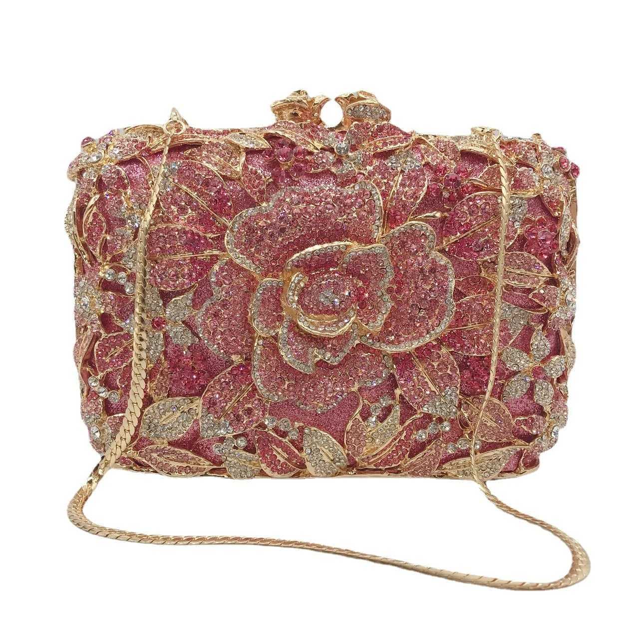 Evening Bags Totes Rose Gold Rhinestone Flower Clutch Purse Crystal Designer Women's Dinner Party Handbags Unique Diamond Wedding Evening Ba H2