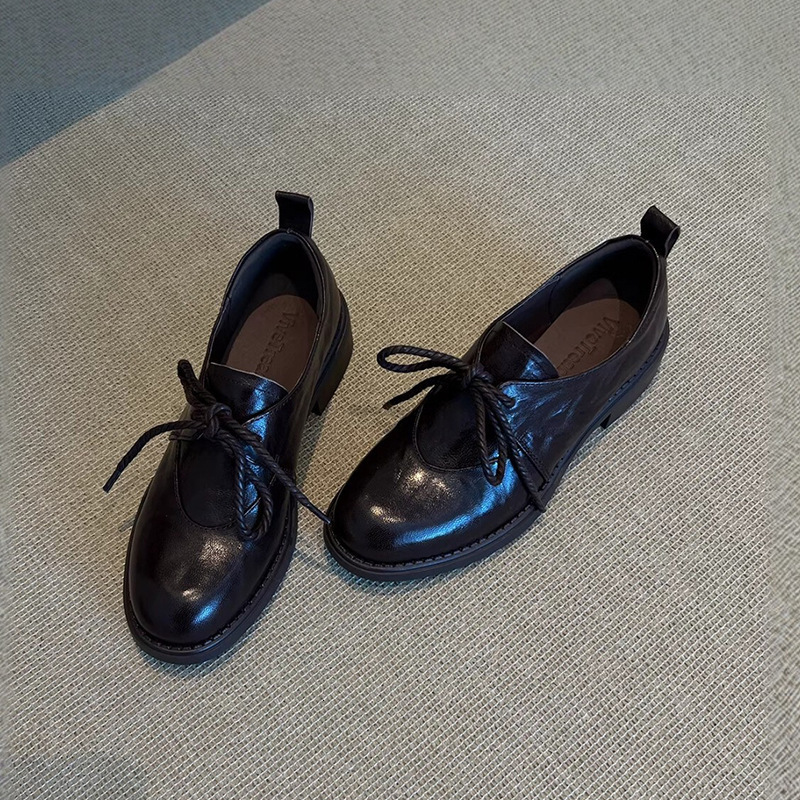 Sheepskin version~British-style loafers for women, 2027 spring collection, round-toe lace-up flats, retro and minimalist design ddmykukumalu