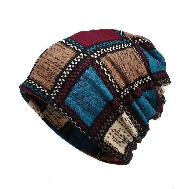 Beanie/Skull Caps Autumn Winter Vintage Printed Beanie - Classic Color Block Elastic Slouchy Skull Cap Boho Neck Gaiter Windproof for Women MenT2610