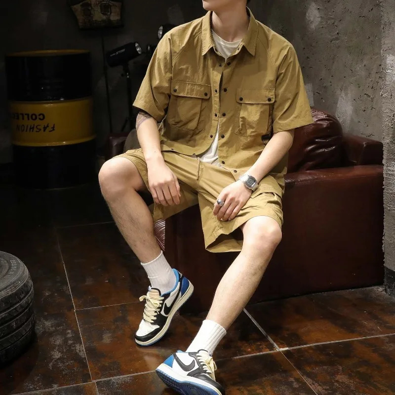 Japanese Summer Workwear Short Sleeved Shirt Set Men's Casual Wear Paired Sporty Cropped Shorts Punk Streetwear Clothes for Men 261012