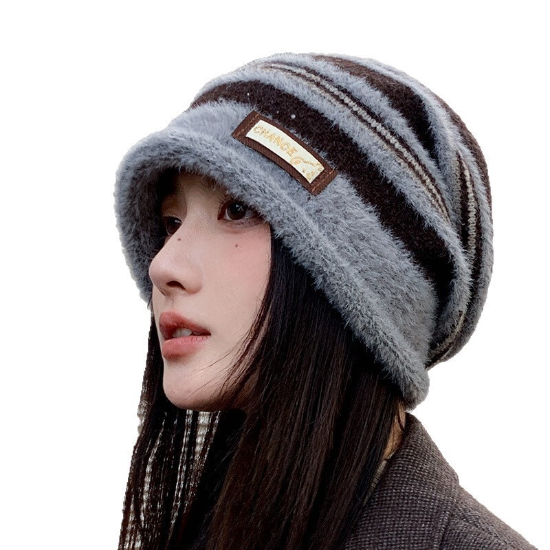 Korean Style Striped Warm Slouchy Autumn Winter New Windproof Fleece-Lined Women's Casual Beanie Large Head Circumference Knitted Hat