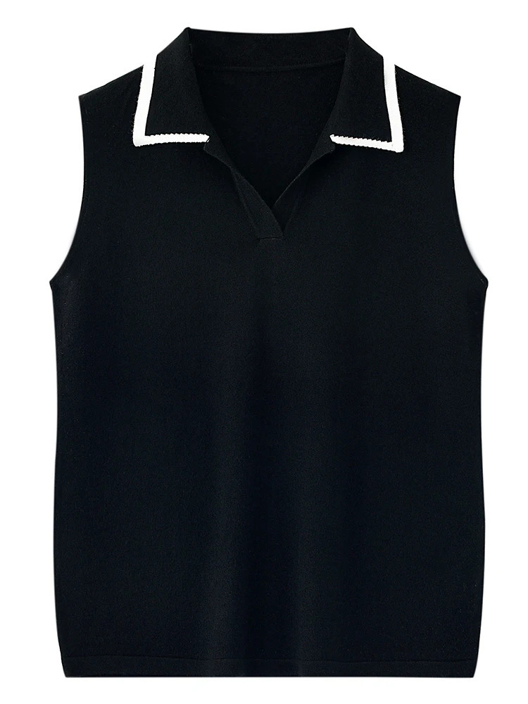 Women Contrast Trim Sleeveless Silk Wool Polo Knit Top Vest Chic Collar Spring Summer Workwear Essential 261017