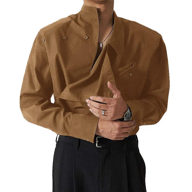Mens Irregular Asymmetric Collar Button Detail Long Sleeve Shirt ner Formal Casual Top 261014
