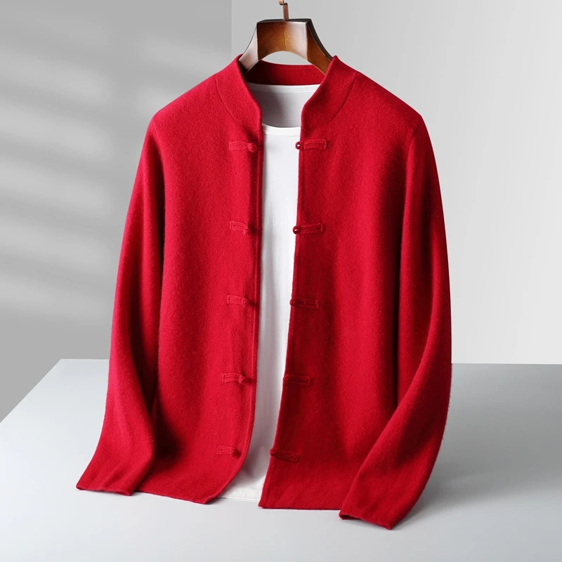 100% Merino Wool Cashmere Knitwear High Quality Mens Button Cardigan with Round Neck Chinese Style Autumn Winter Sweater 261017