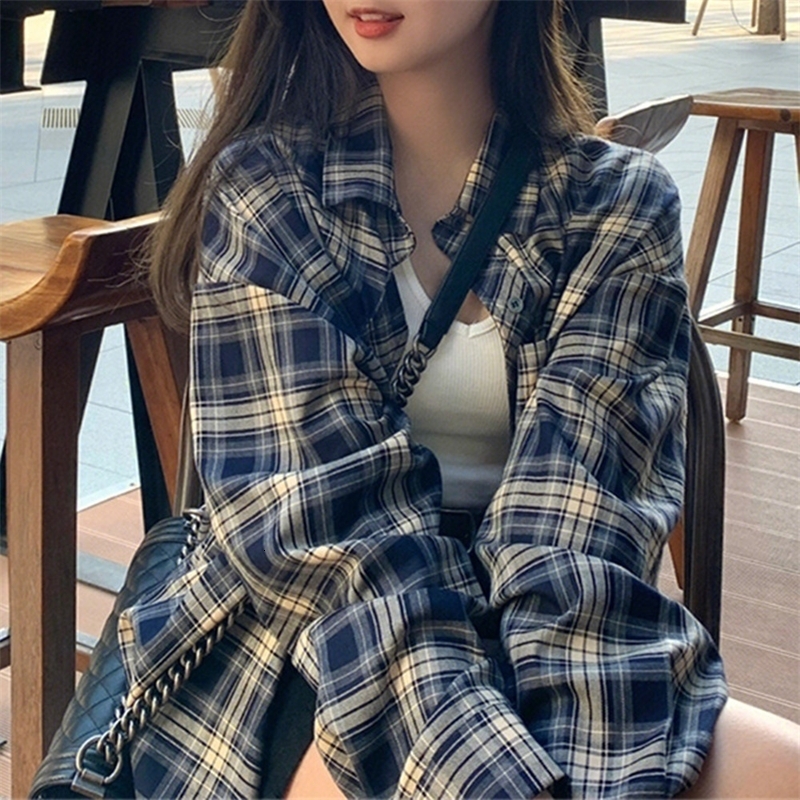 Korean Plaid Blouses for Women Fashion Long Sleeve Check Shirt Ladies Spring Slim Fit Casual Loose Single-breasted Shirts 261015