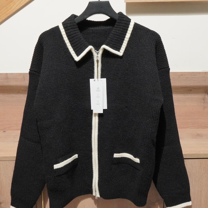 Designer Men's Black-and-White Color Block Knit Cardigan, Double-Zip Long-Sleeve Lapel Urban Casual Spring Sweater
