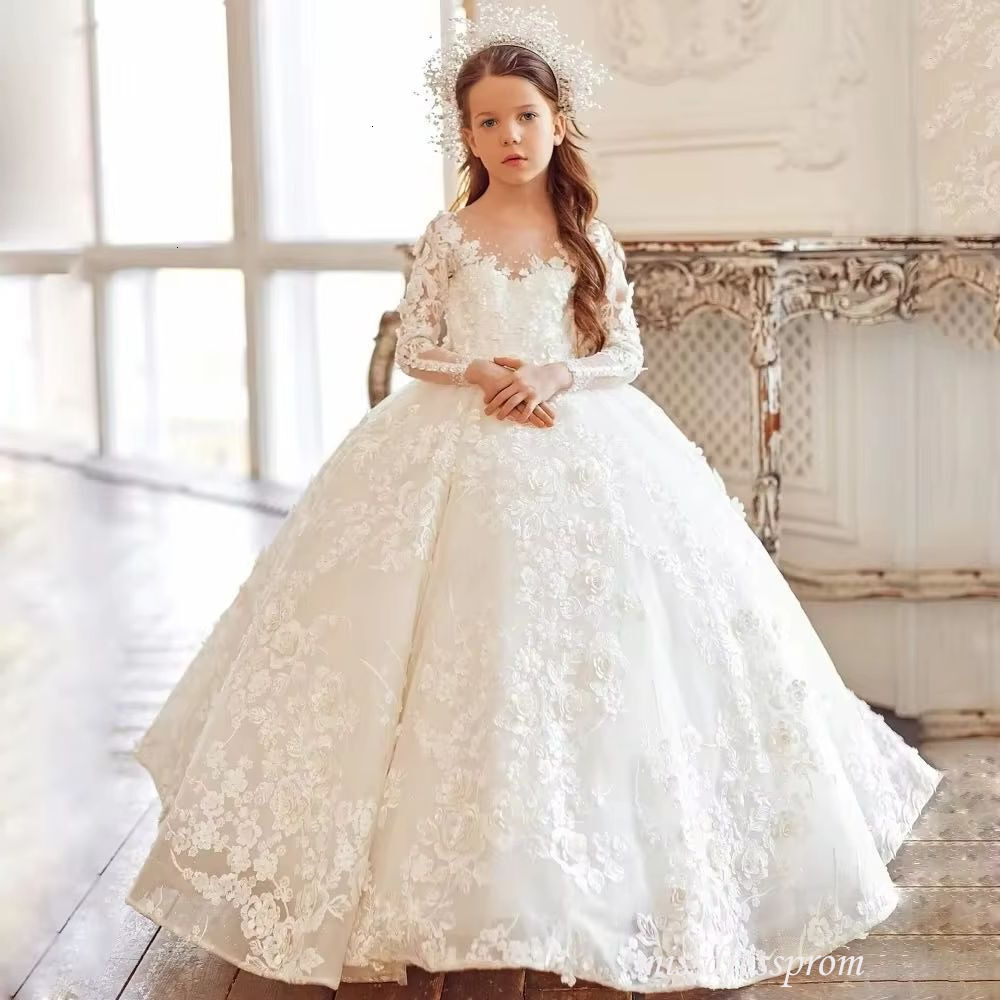 Customized White Flower Girl Dresses Luxurious Rose Floral Appliques Long Sleeve For Wedding Prom Party Pageant Banquet Gowns
