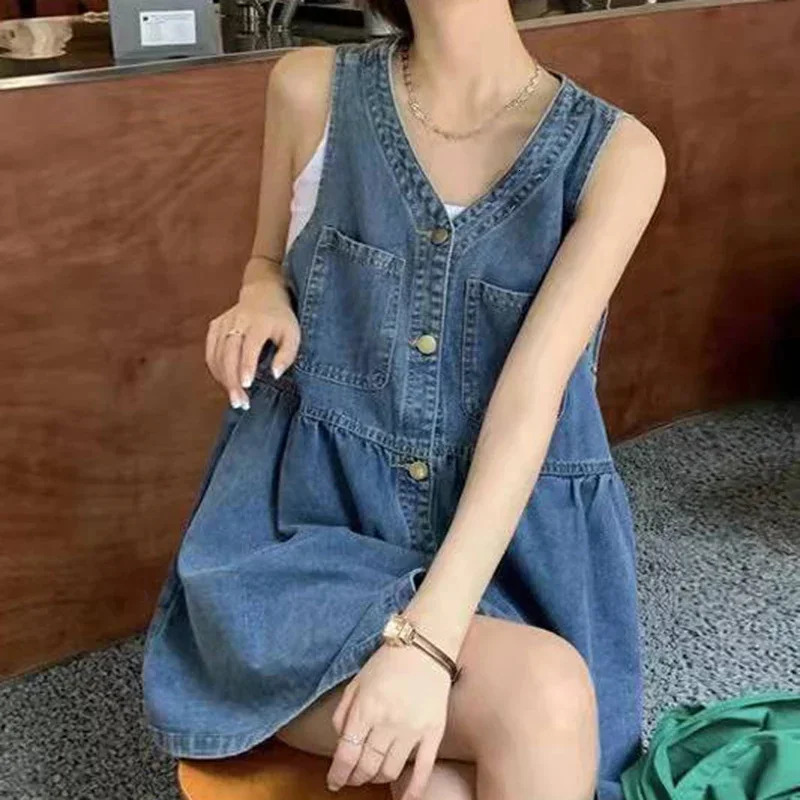 Sleeveless Strap Dress Women Summer Single-Breasted Pockets Denim Dresses Woman Korean Style Loose A Line Mini Dress 261015