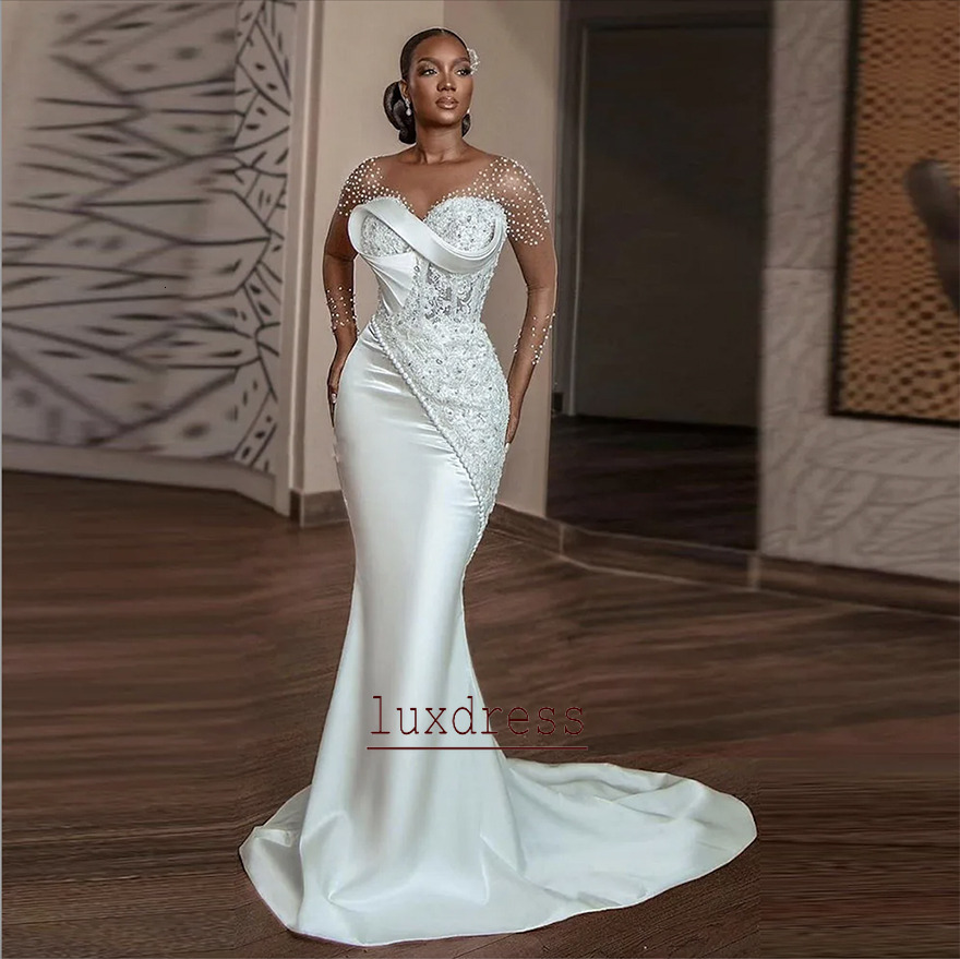 Elegant White Ivory Lace Satin Mermaid Wedding Dresses Pearls Beaded Sheer Long Sleeves Bridal Gowns African Women Vestidos de novia BC20676