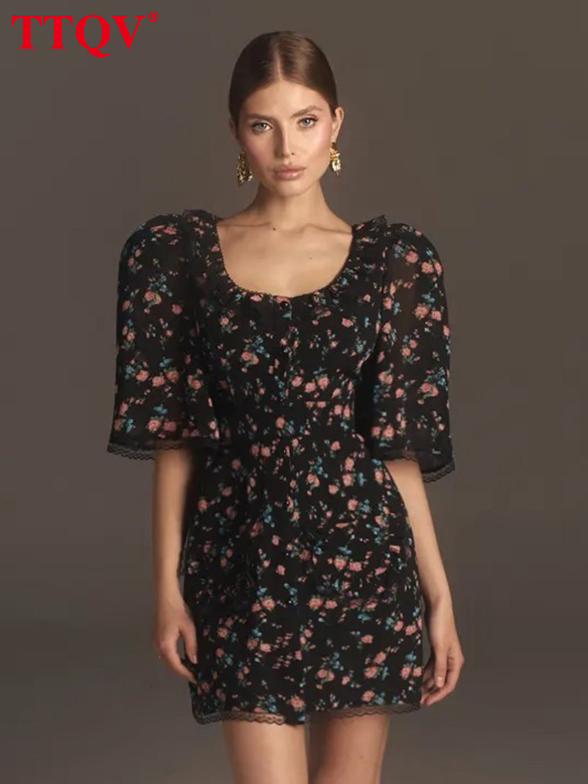 Summer Slim Print Women's 2026 Sexy U-Neck Short Sleeve Mini Dresses Lady Elegant Classic Female Dress Streetwear