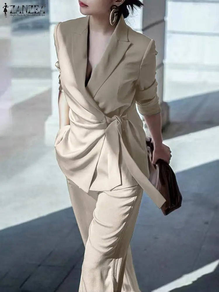 ZANZEA Autumn 2PCS Outfits Office Lady Matching Sets Fashion Women Blazer Suit Long Sleeve Lapel Blouse Solid Wide Leg Pants 261013