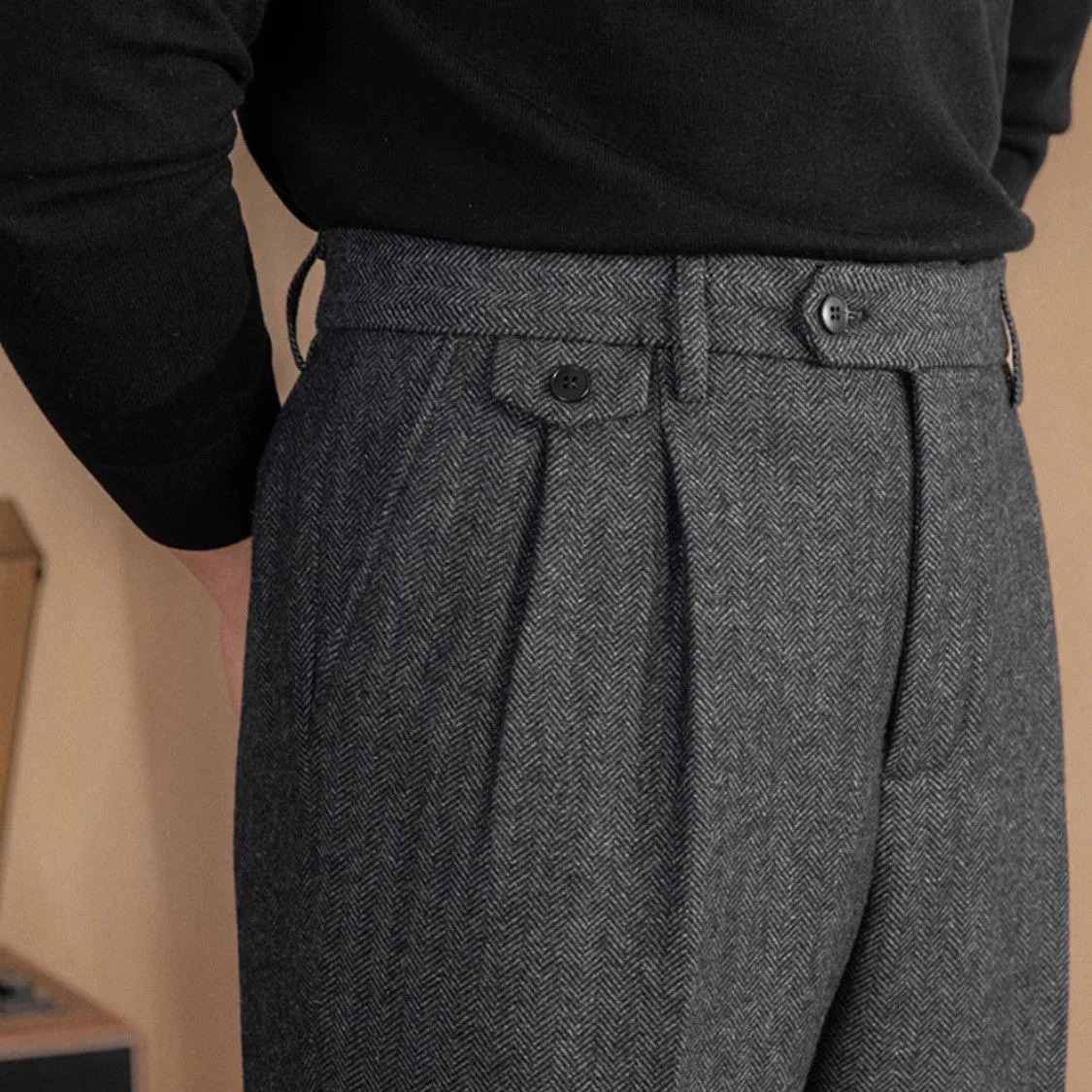Italian Vintage Suit Pant For Men Autumn Winter Wool Herringbone Pattern Straight Trousers British Style Business Casual Pants 261016