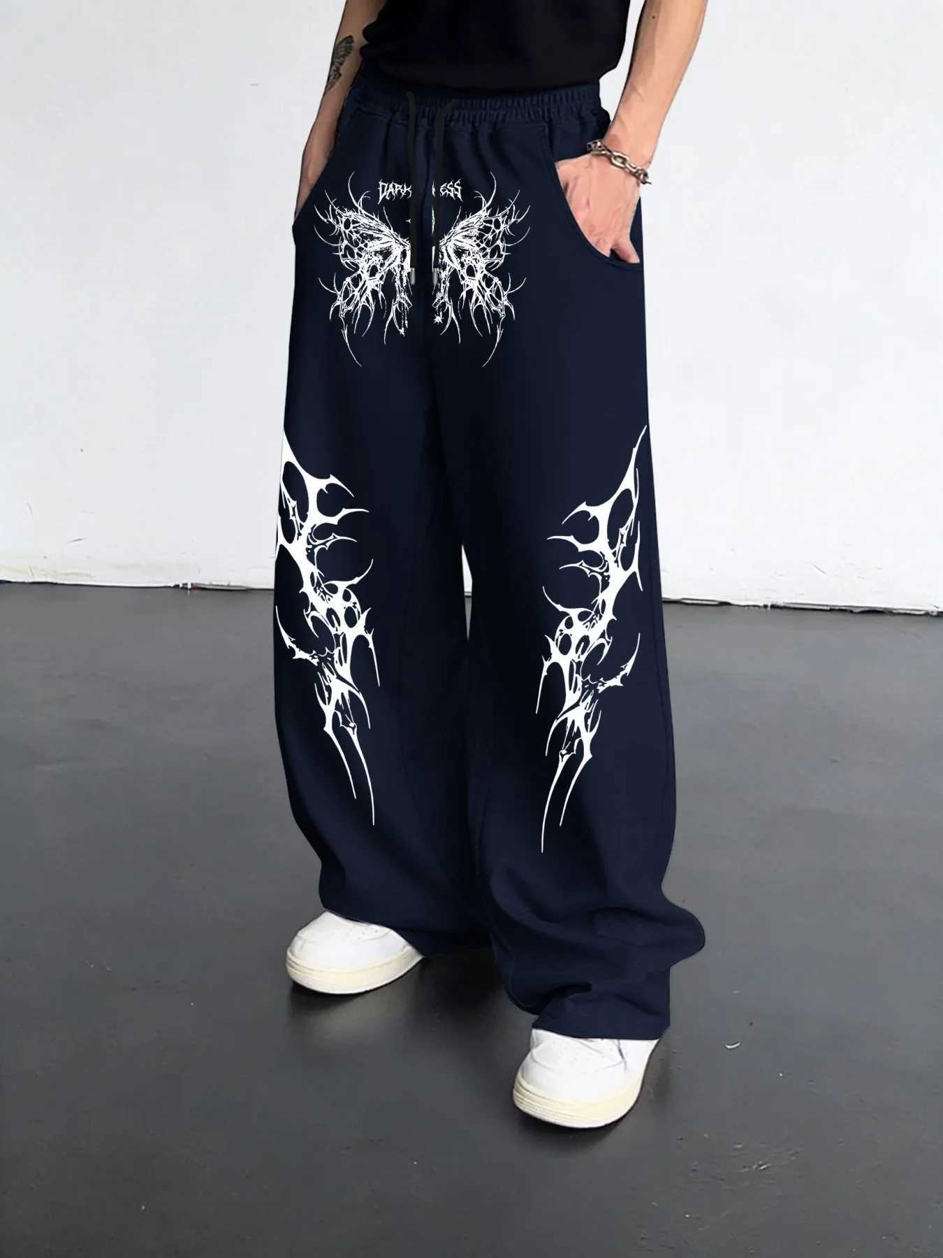 Men's Dark Style Butterfly and Thorn Print Casual Straight-Leg Long Pants Polyester Loose-Fitting Floor-Length S2610161WDK