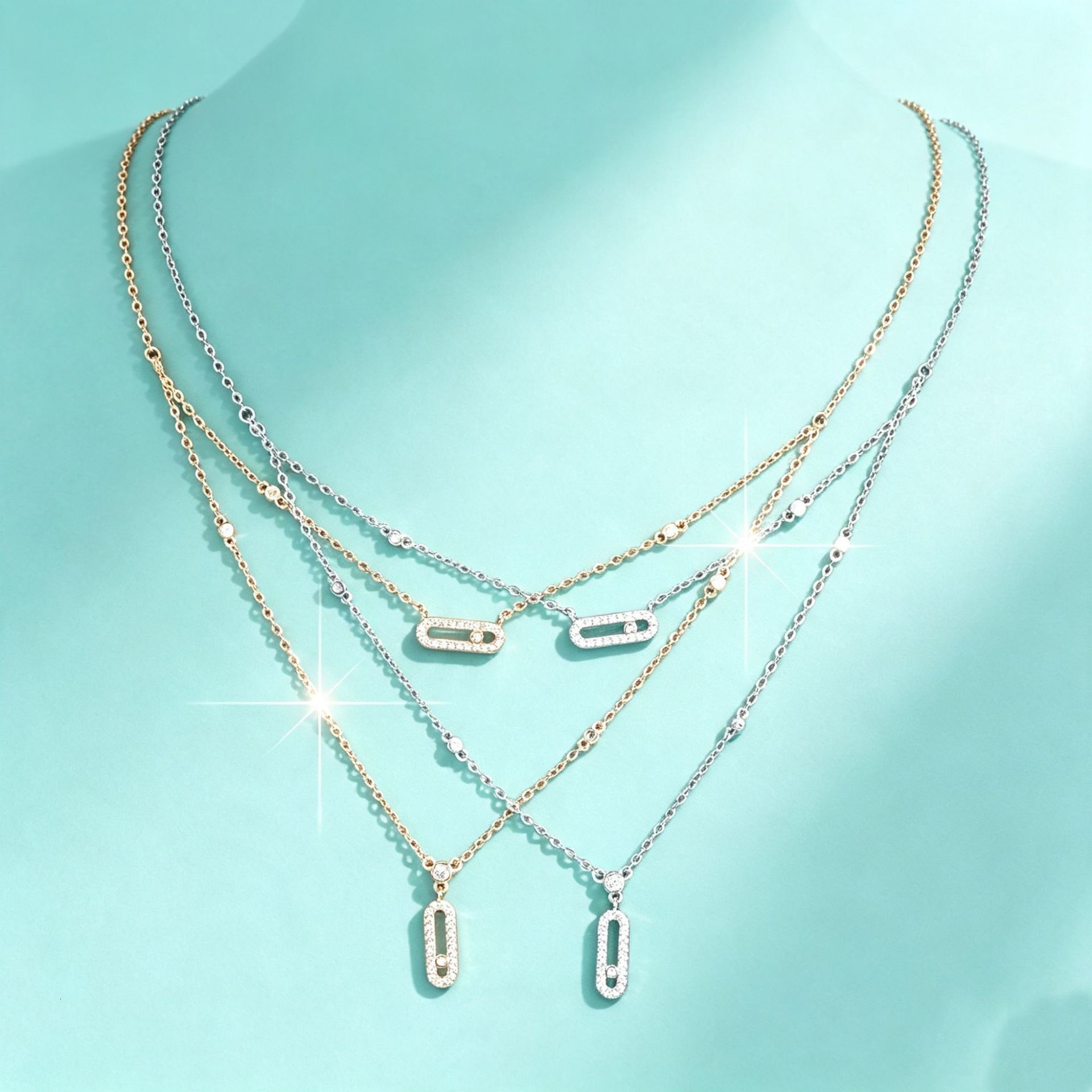 M necklace European American cross-border Mei Jia copper cubic zirconia geometric pendant necklace, a double-layer classic, lightweight, luxurious,