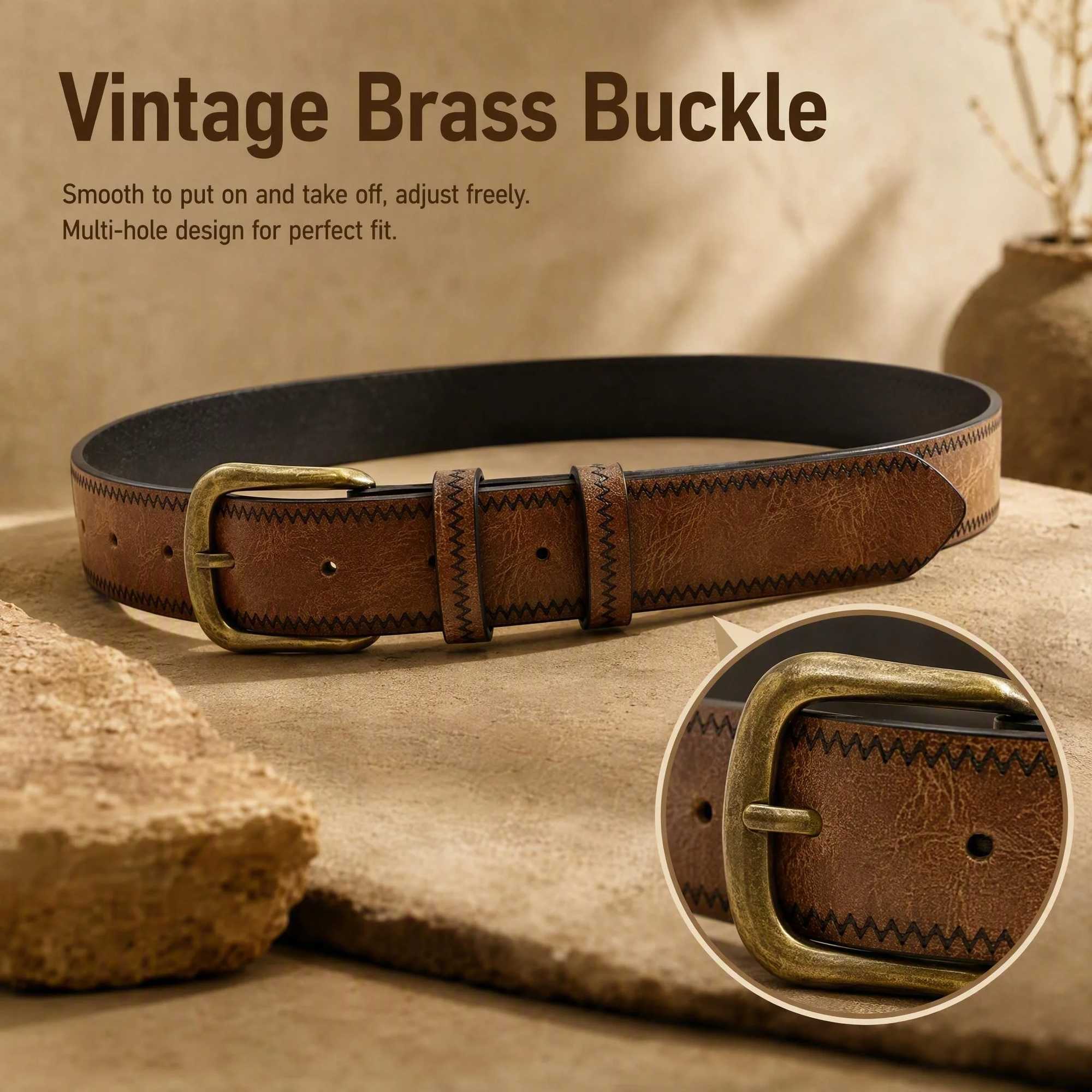 Vintage PU Leather Belt Men Retro Casual Belt with Antique Brass Pin Buckle Heavy Duty Work Belt for Jeans S261017MBV2