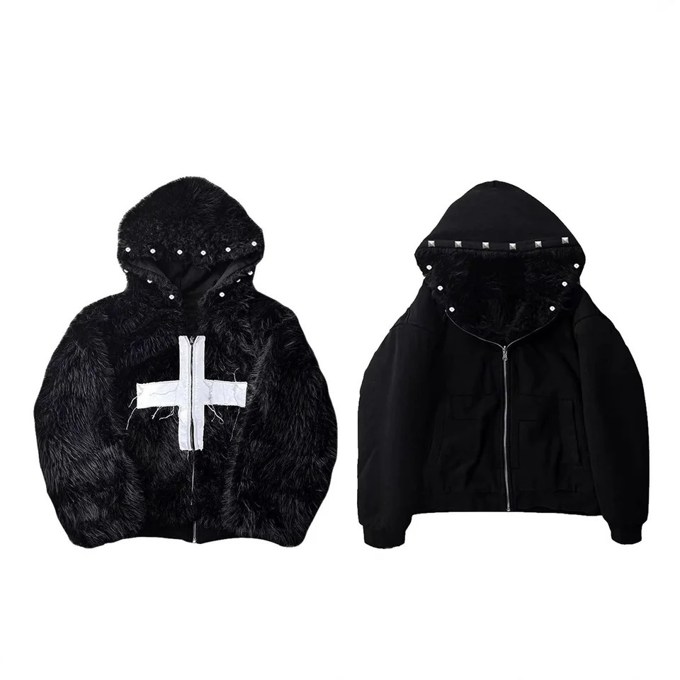 Unisex Reversible Faux Fur Hooded Jacket Gothic Cross Patch Rivet Punk Y2K Harajuku Winter Warm Zip up Coat Men Women 261016