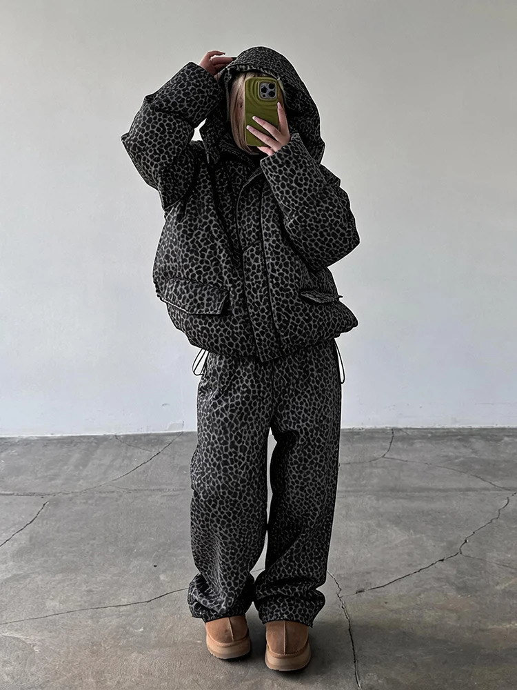 Fashion Leopard Print Women's Cotton Coat Trouser Suits Hooded Zippers Thicken Lady Set 2026 Autumn Winter Female Outfits 261015