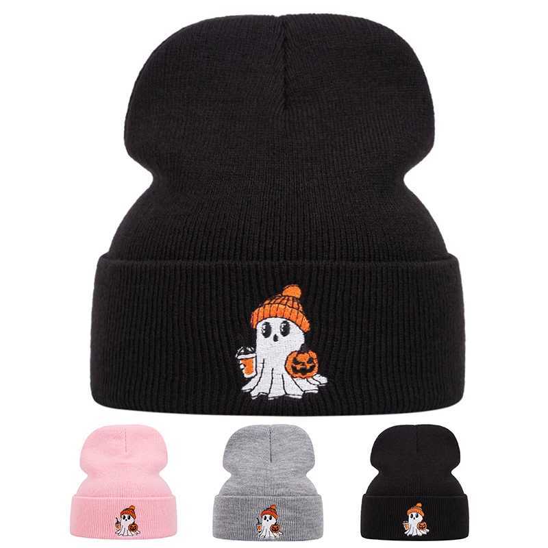 Beanie/Skull Caps Halloween pumpkin Little ghost embroidered knitted hat autumn and winter outdoor sports event warm woolen hat Q261017